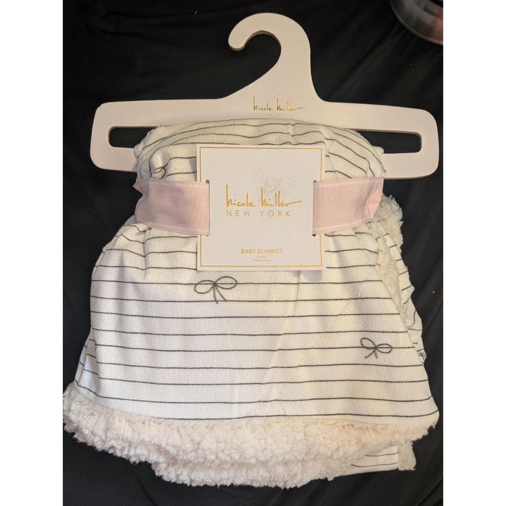 Nicole‎ Miller Pink White Micro Mink Stripe Sherpa Baby Blanket - NEW